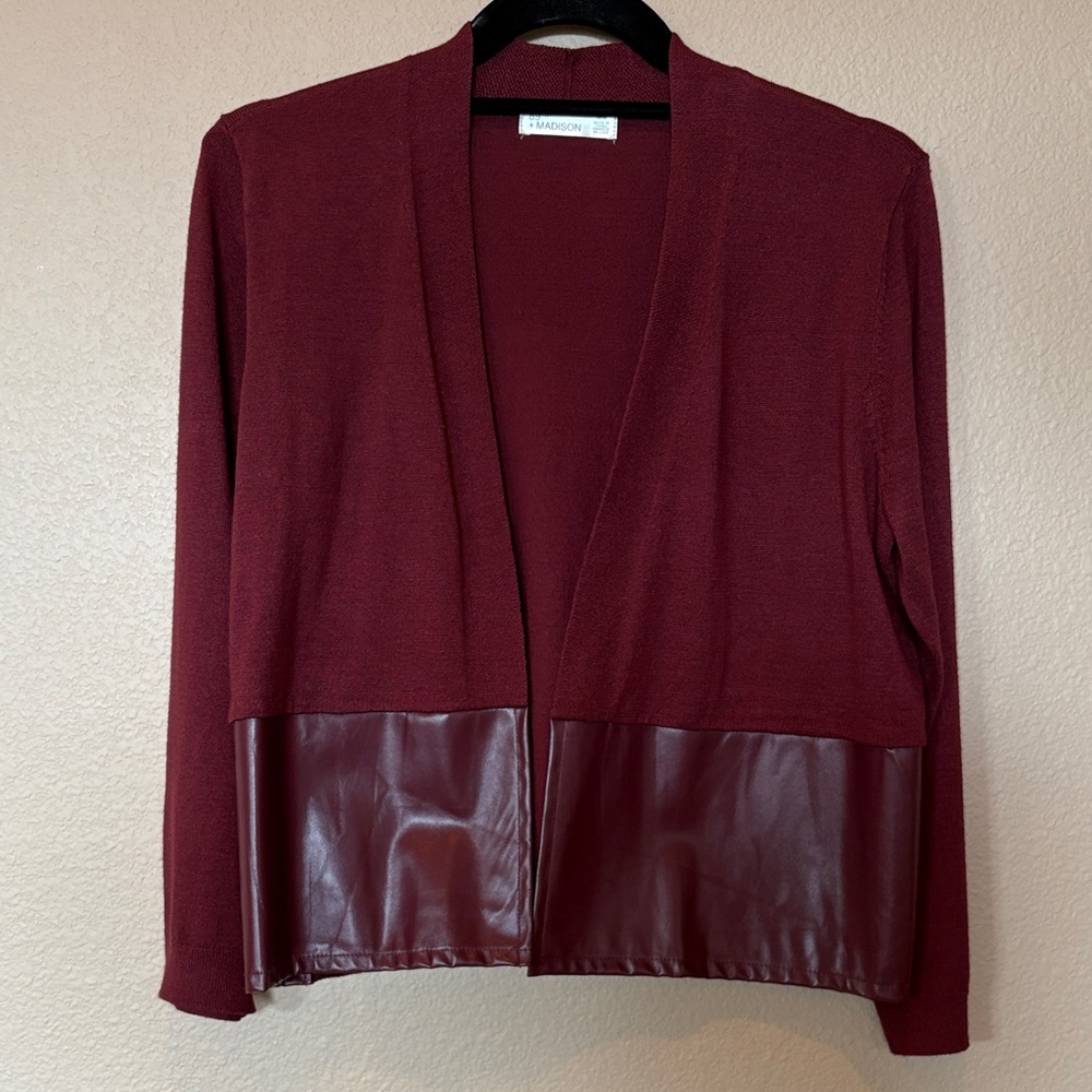 89th and Madison Maroon Open-front Cardigan with Faux Leather Detail Classy